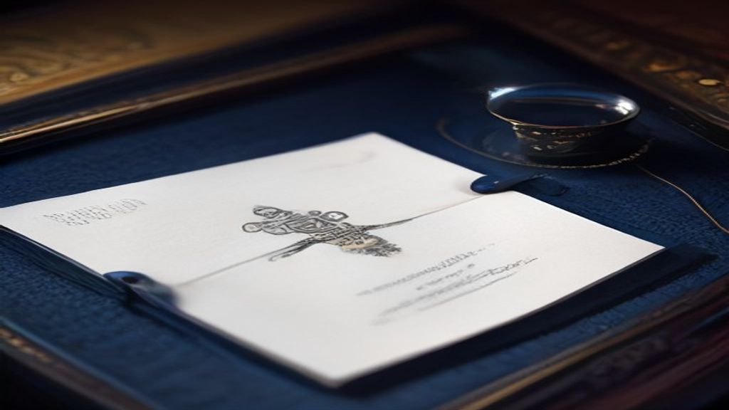 A sealed certificate and magnifying glass on a navy desk