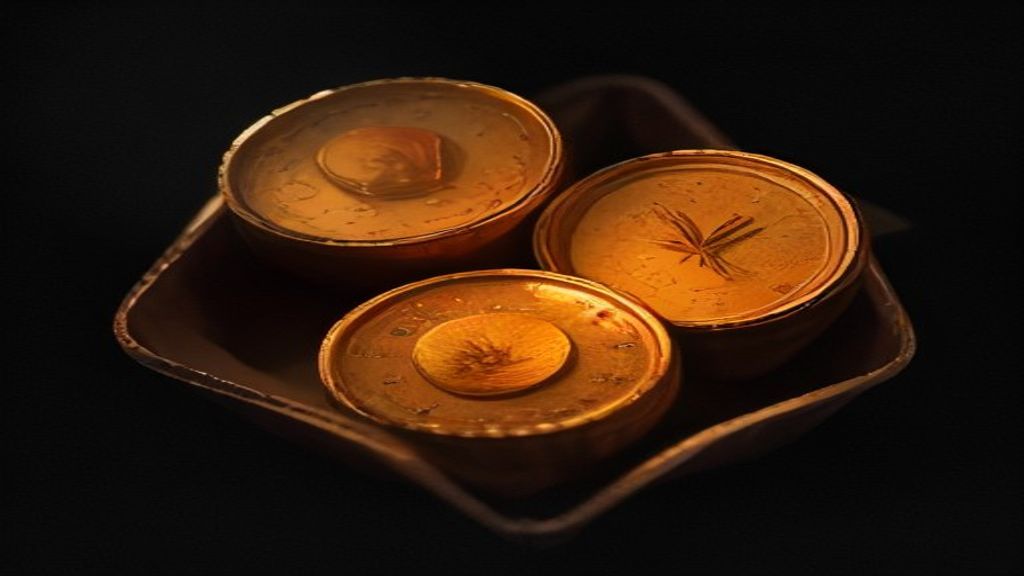 Gold coins and small brass lamps scattered across dark textured cloth