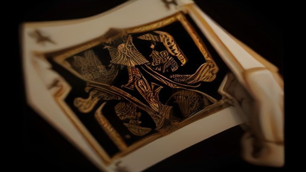 An ornate gold and ivory playing card lit against deep black