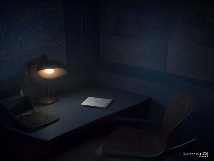 Laptop and tablet on a dark desk lit by a warm lamp in a blue room